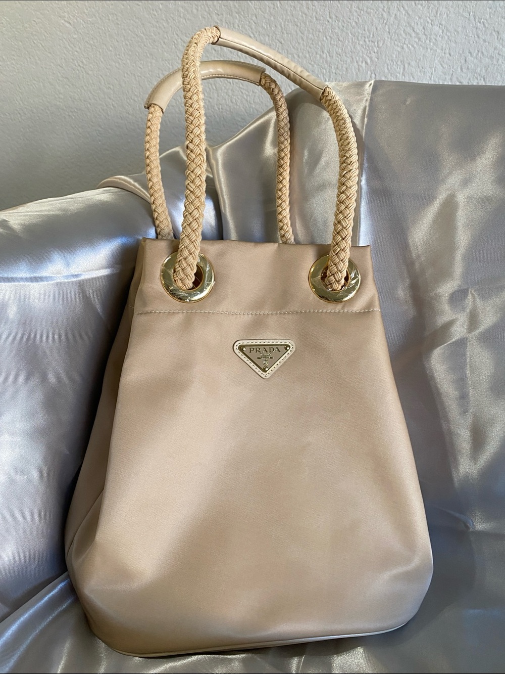 Prada Cream Nylon Drawstring Shoulder Bag with Braided Handles